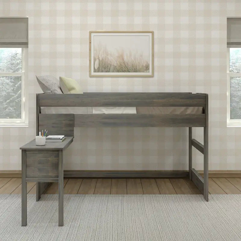 Letto a soppalco basso per ragazzi/bambini in stile rustico con scrivania agganciabile, dimensioni singola