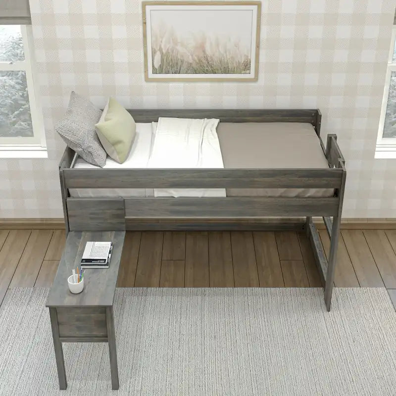 Letto a soppalco basso per ragazzi/bambini in stile rustico con scrivania agganciabile, dimensioni singola