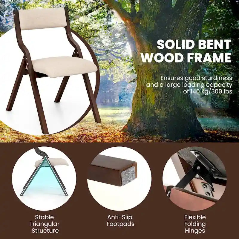 Folding Dining Chairs with Linen Padded Seat Set of 2
