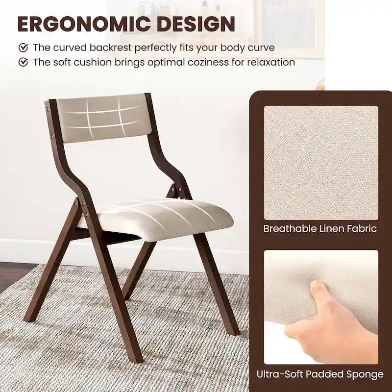 Folding Dining Chairs with Linen Padded Seat Set of 2