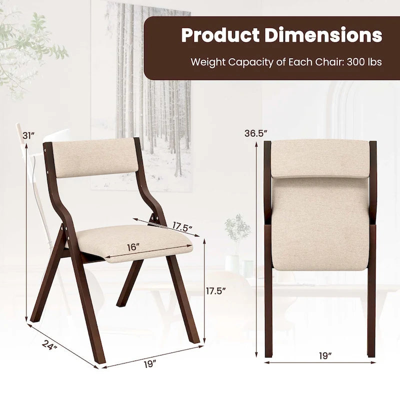 Folding Dining Chairs with Linen Padded Seat Set of 2