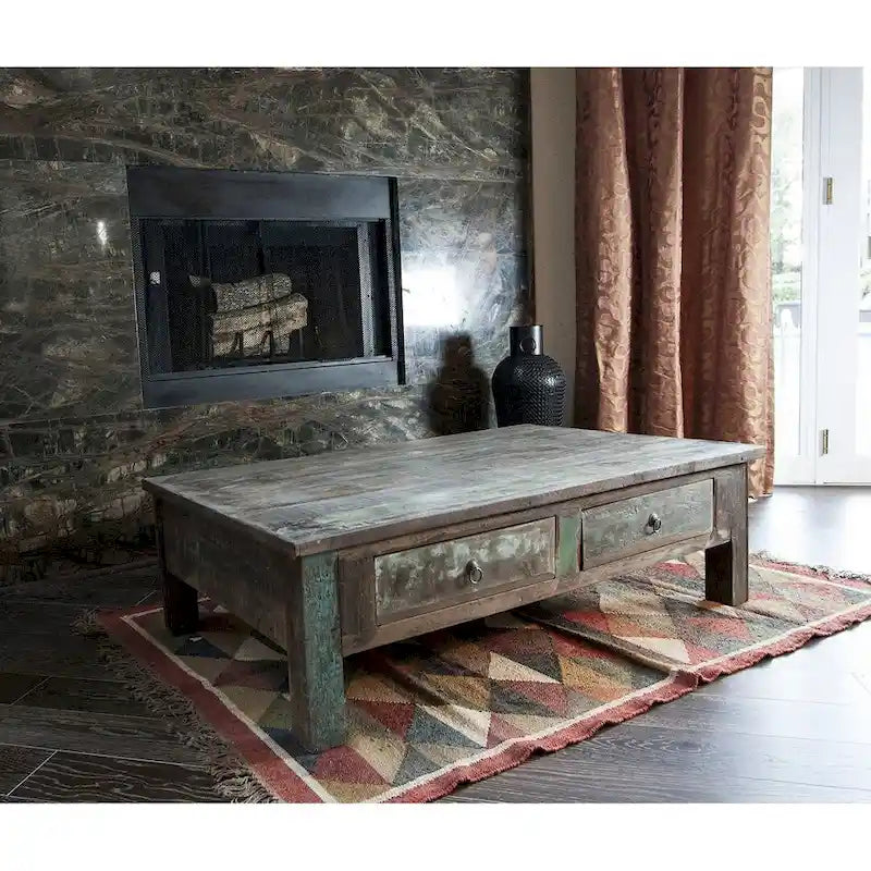 Handmade Reclaimed Wood Coffee Table with Double Drawers