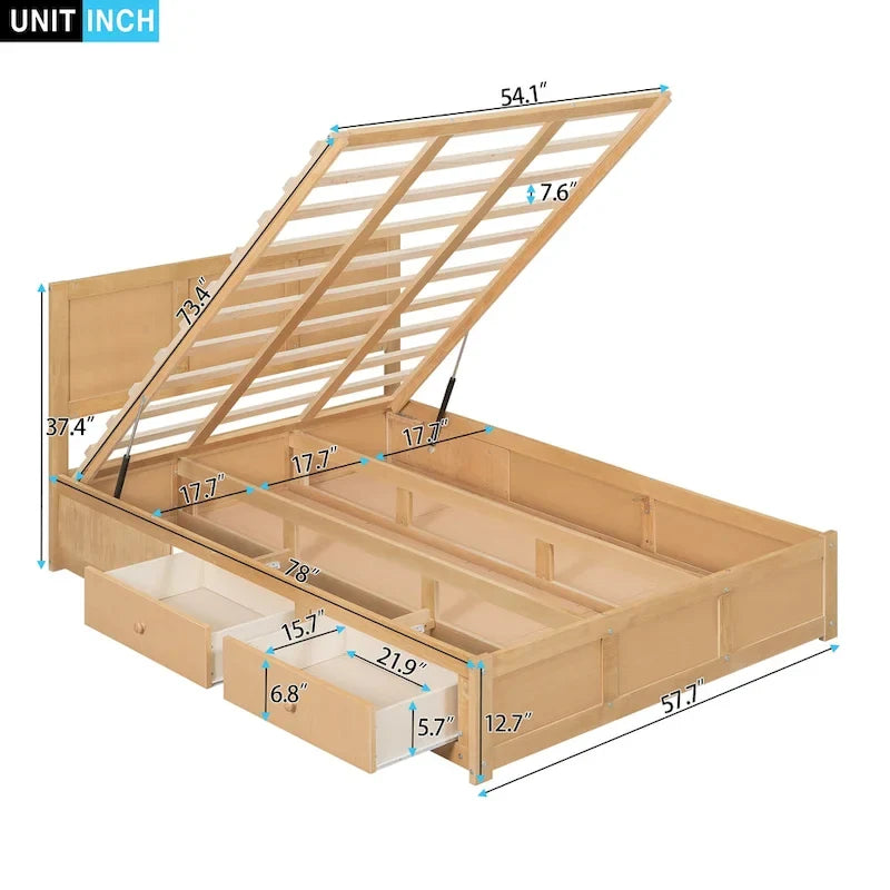 Wood Platform Bed with Under-Bed Storage and 2 Drawers