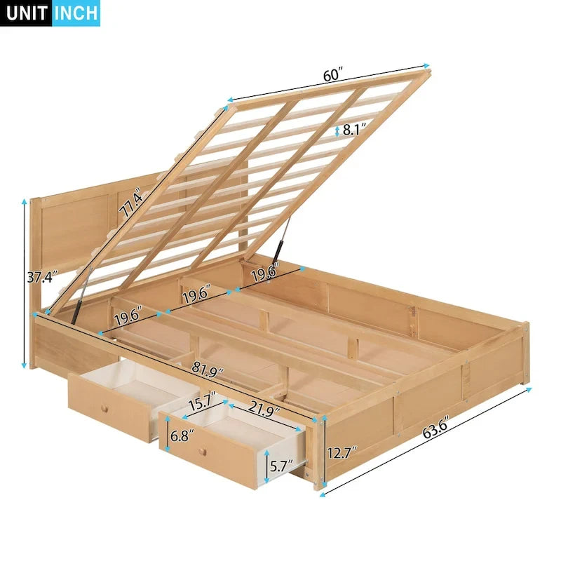 Letto a Piattaforma in Legno con Contenitore Sotto il Letto e 2 Cassetti