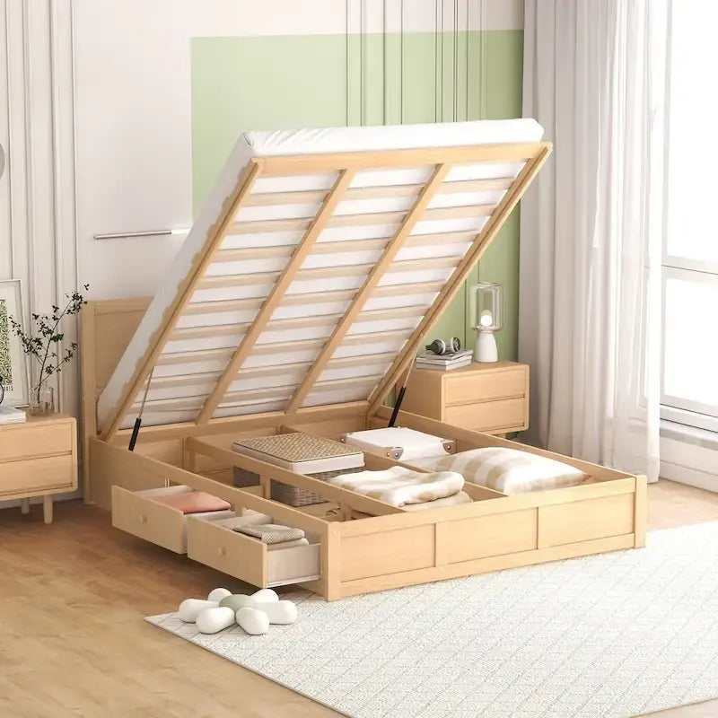 Letto a Piattaforma in Legno con Contenitore Sotto il Letto e 2 Cassetti