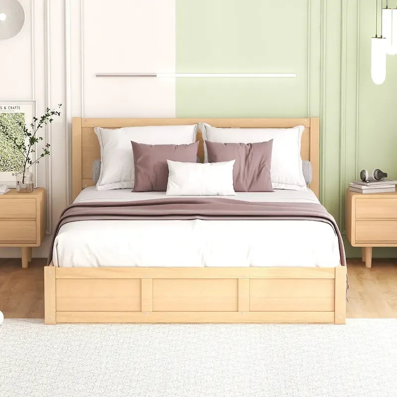 Letto a Piattaforma in Legno con Contenitore Sotto il Letto e 2 Cassetti