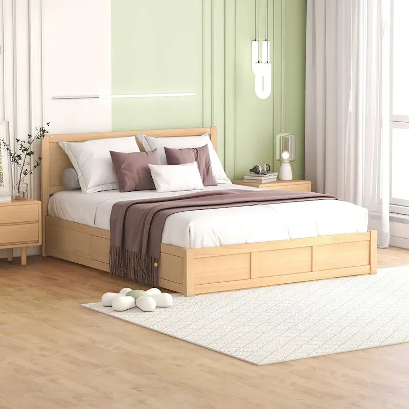 Letto a Piattaforma in Legno con Contenitore Sotto il Letto e 2 Cassetti