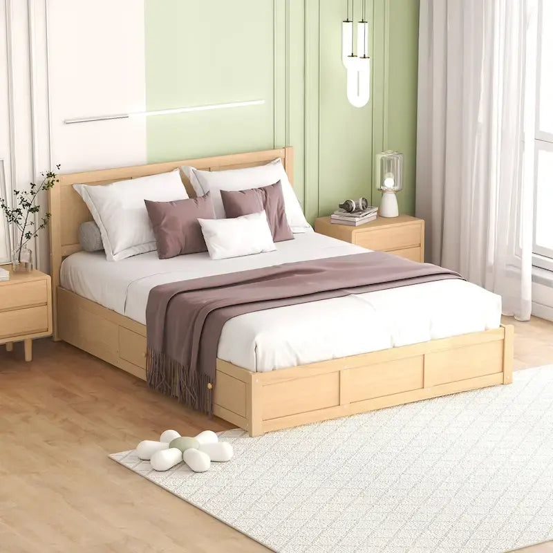 Letto a Piattaforma in Legno con Contenitore Sotto il Letto e 2 Cassetti