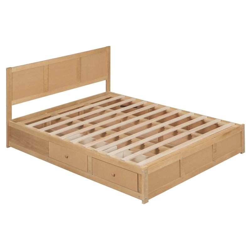 Letto a Piattaforma in Legno con Contenitore Sotto il Letto e 2 Cassetti