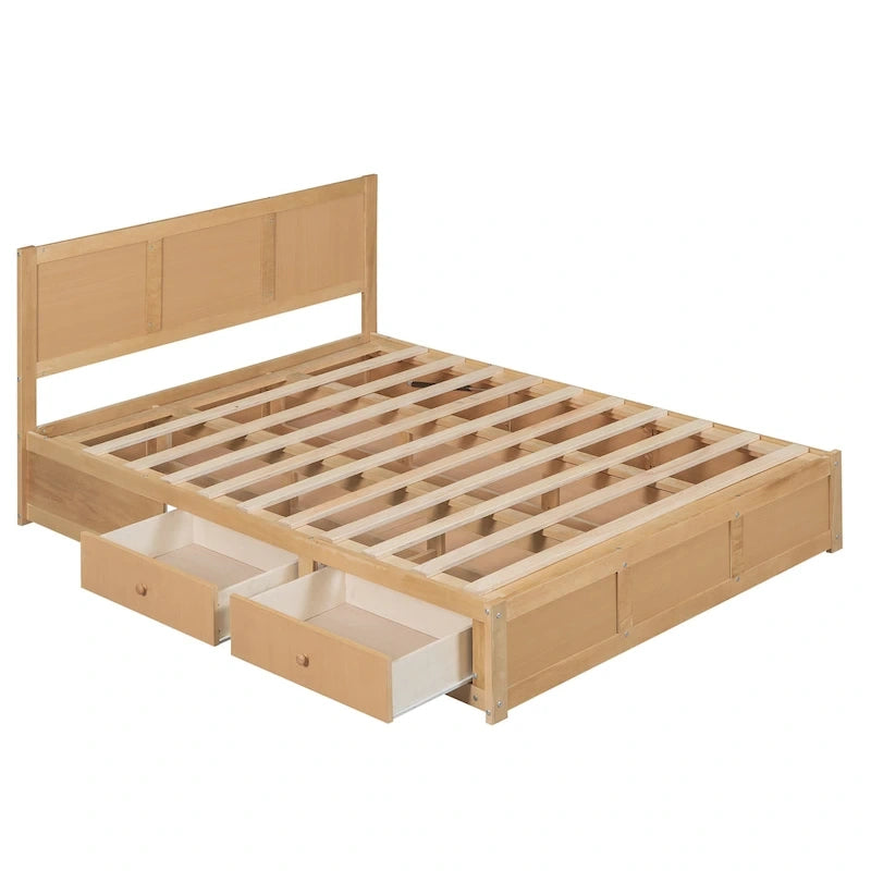 Letto a Piattaforma in Legno con Contenitore Sotto il Letto e 2 Cassetti