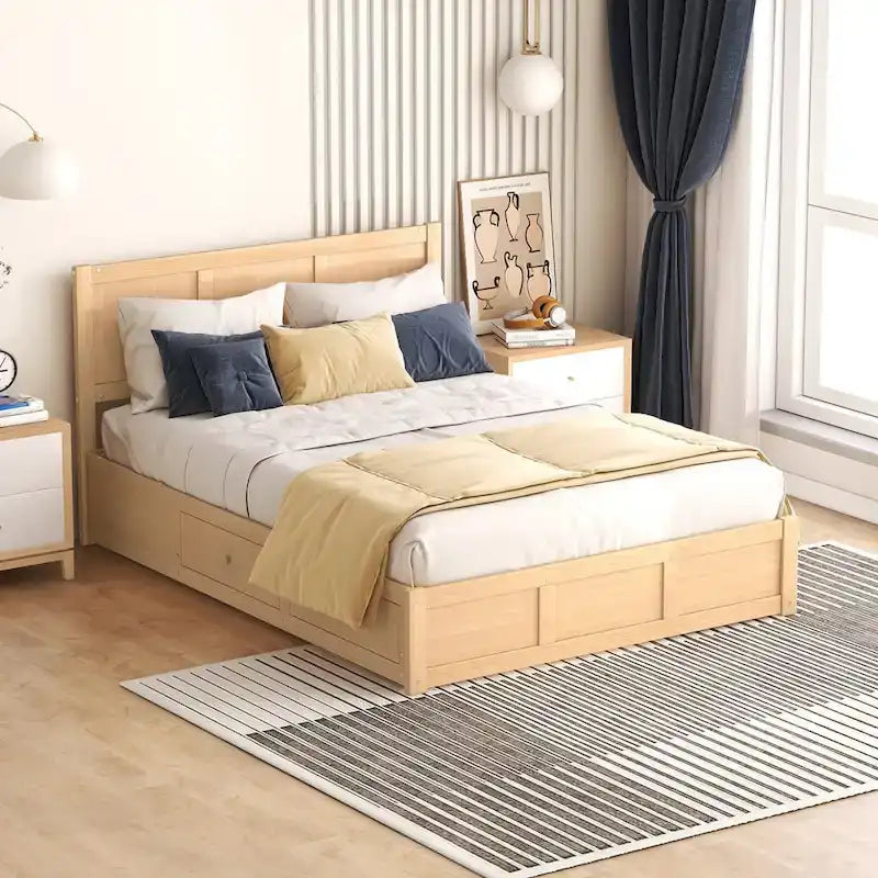 Letto a Piattaforma in Legno con Contenitore Sotto il Letto e 2 Cassetti