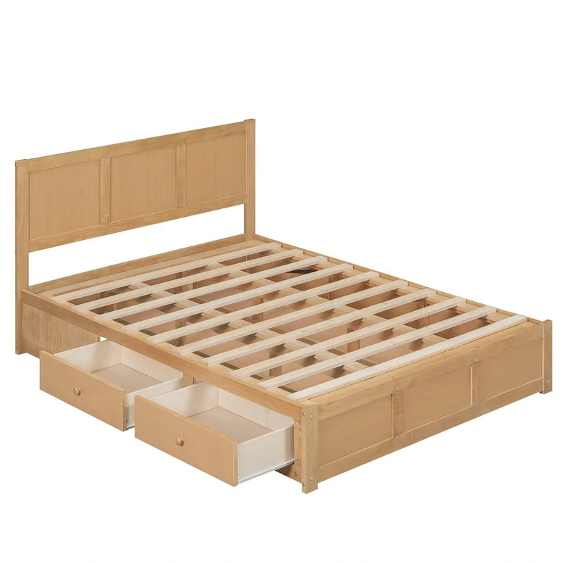Letto a Piattaforma in Legno con Contenitore Sotto il Letto e 2 Cassetti