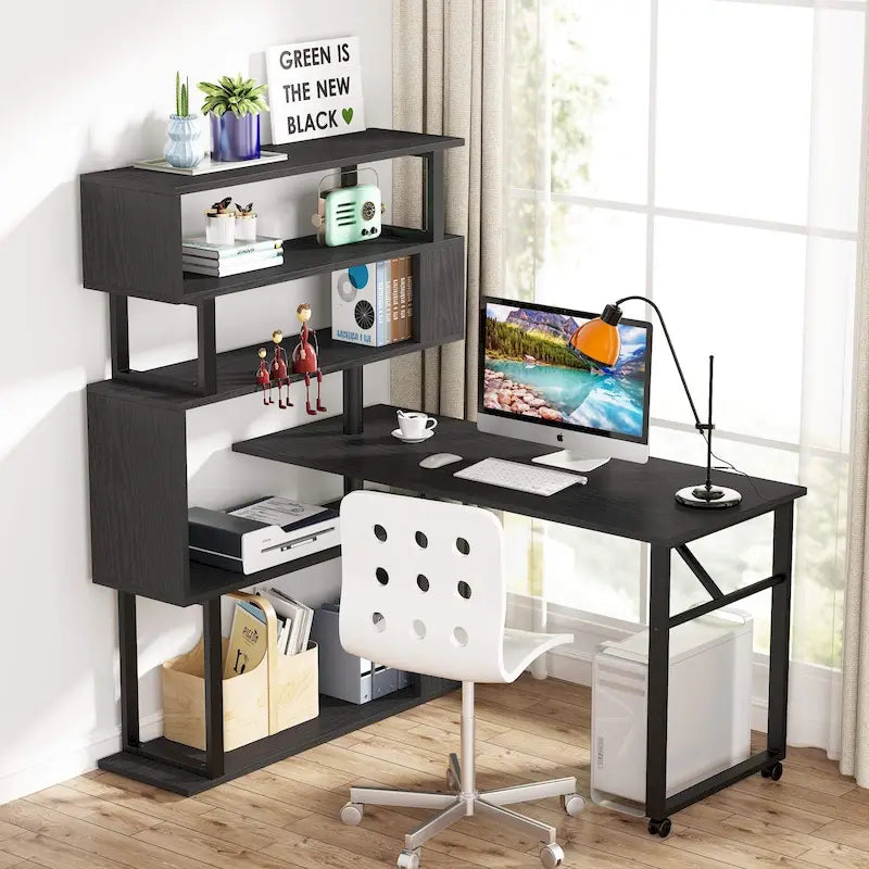 Rotating L-Shaped Desk with Bookshelf for Home Office