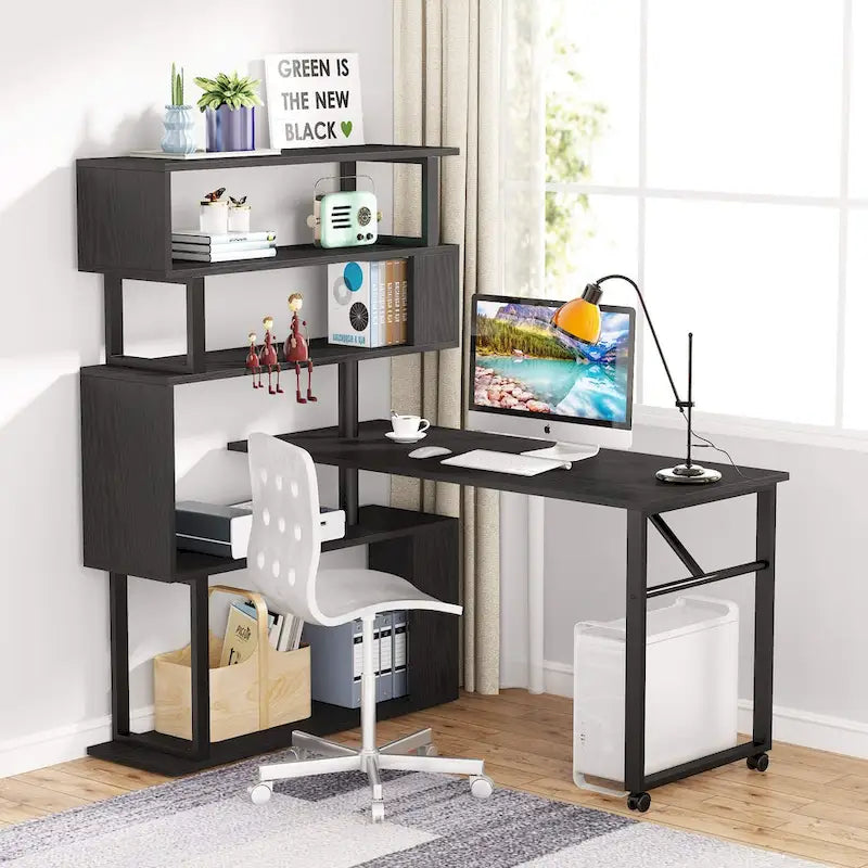 Rotating L-Shaped Desk with Bookshelf for Home Office