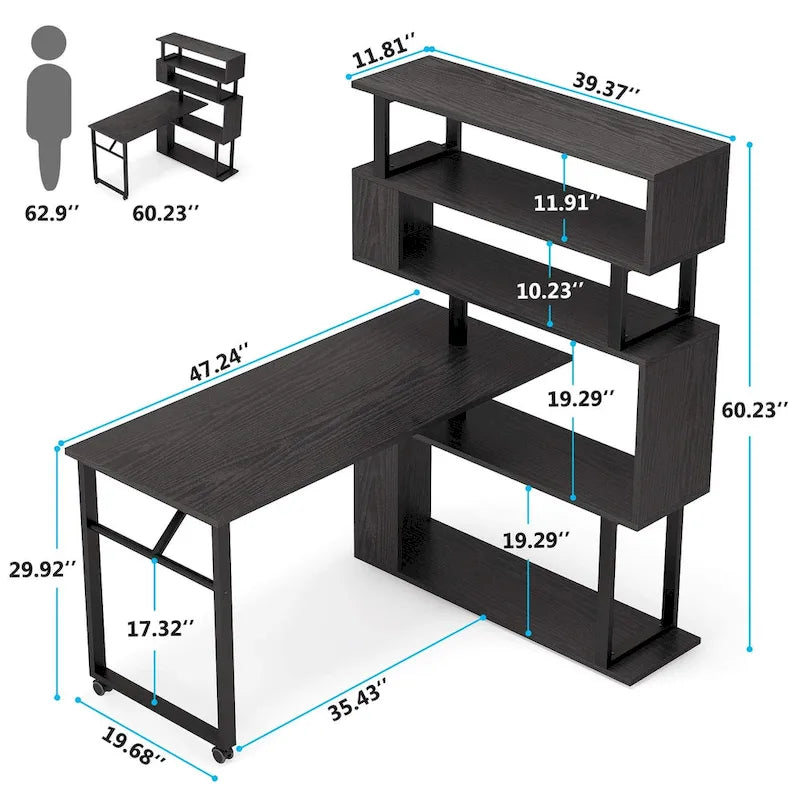Rotating L-Shaped Desk with Bookshelf for Home Office