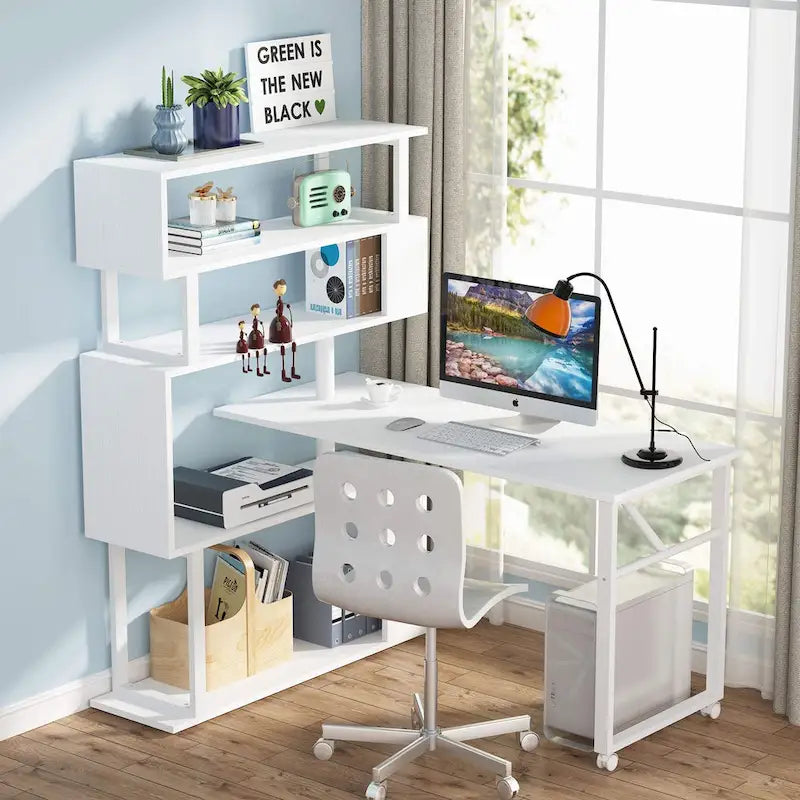 Rotating L-Shaped Desk with Bookshelf for Home Office
