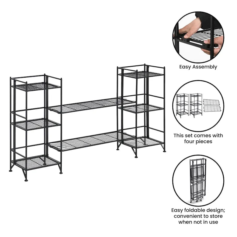 3-Tier Folding Metal Storage Shelves with 2 Extension Shelves