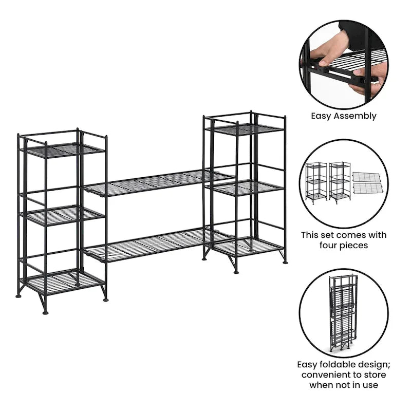 3-Tier Folding Metal Storage Shelves with 2 Extension Shelves
