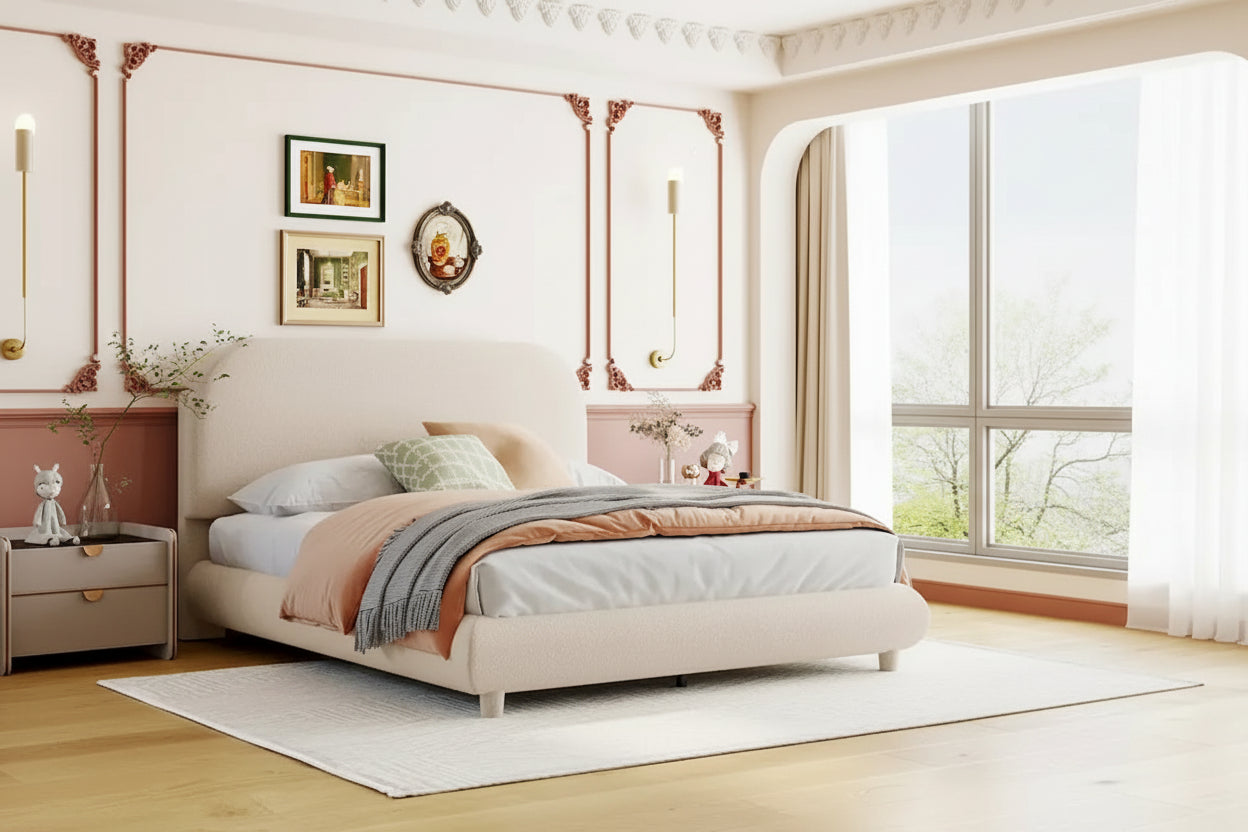 Teddy Fleece Full Size Upholstered Platform Bed with Thick Fabric, Solid Frame and Stylish Curve-shaped Design, Beige
