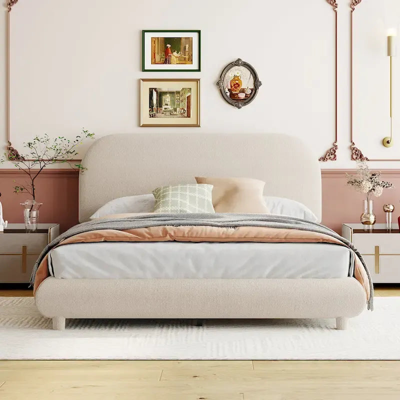 Full Size Upholstered Platform Bed with Curved Headboard - Beige