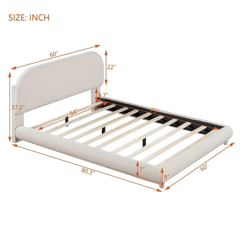 Full Size Upholstered Platform Bed with Curved Headboard - Beige