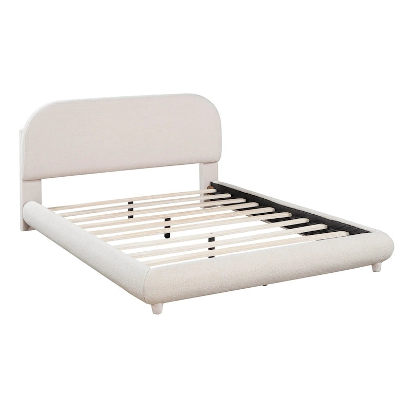 Full Size Upholstered Platform Bed with Curved Headboard - Beige