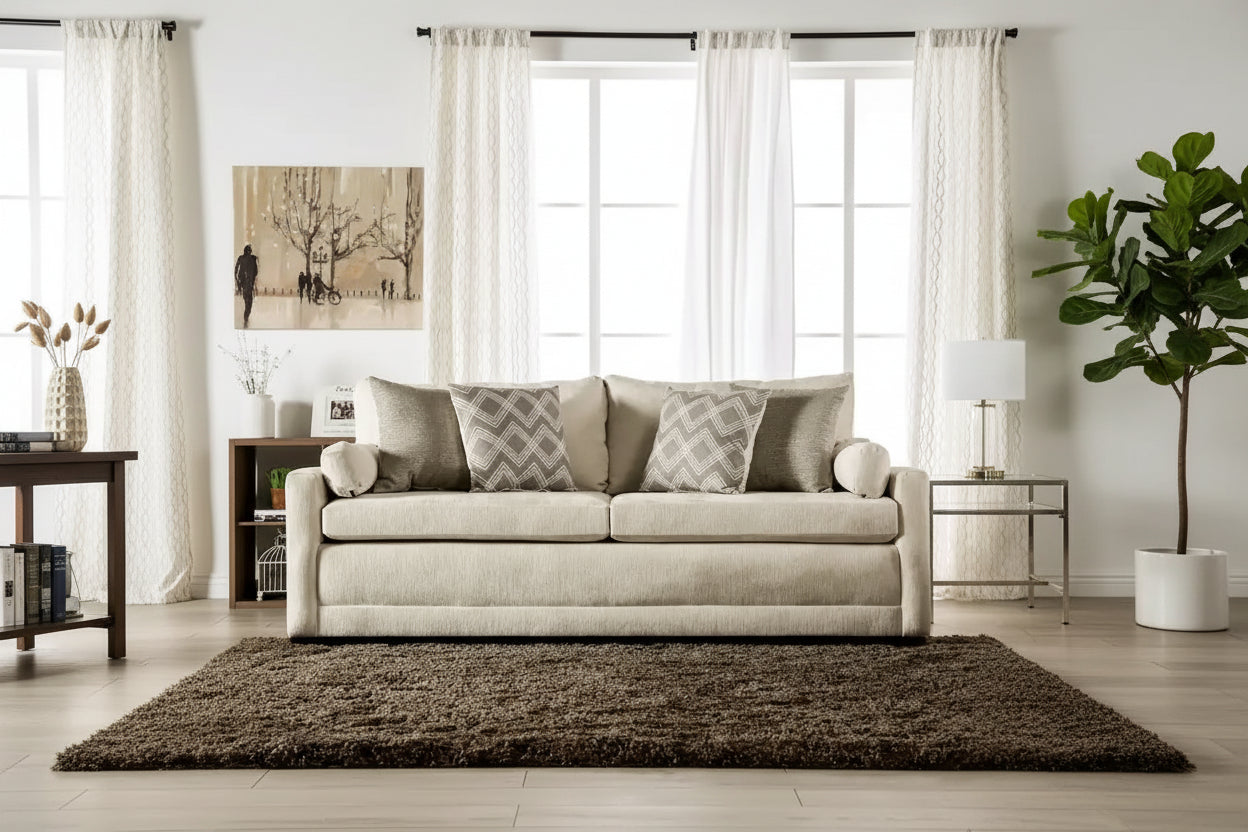 Breward Transitional Beige Chenille Upholstered Sofa with Pillows by Furniture of America