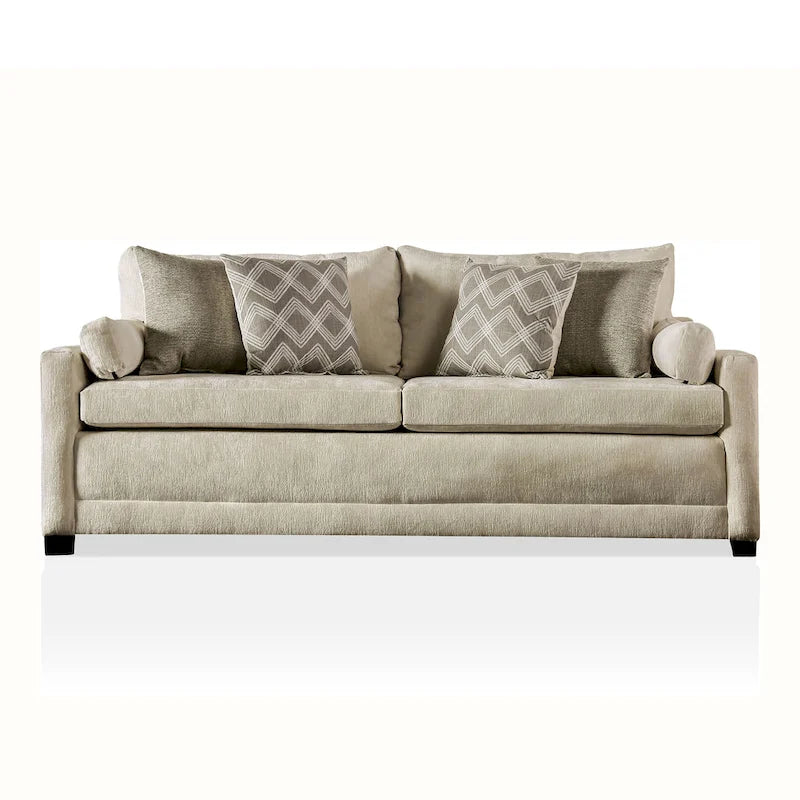 Beige Chenille Upholstered Sofa with Accent Pillows