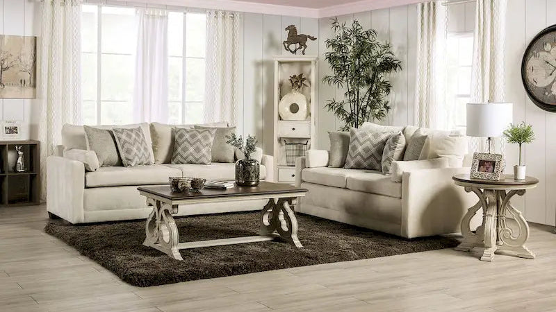 Beige Chenille Upholstered Sofa with Accent Pillows
