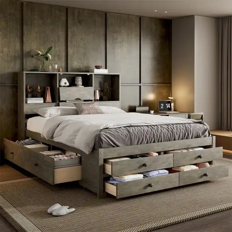 Queen Size Platform Bed with Storage Headboard and 8 Drawers