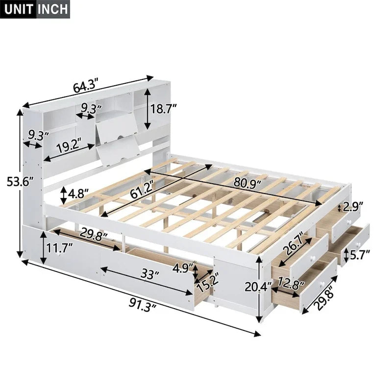 Letto Queen Size con Piattaforma e Testiera con Contenitore, e 8 Cassetti