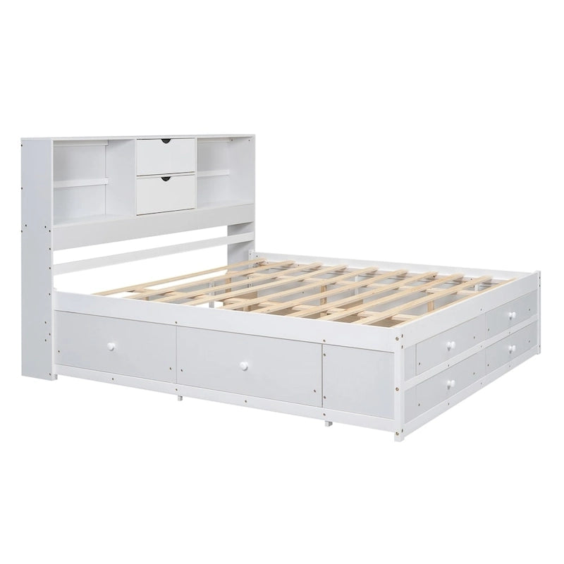 Letto Queen Size con Piattaforma e Testiera con Contenitore, e 8 Cassetti