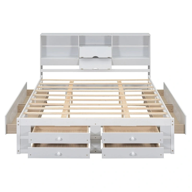 Letto Queen Size con Piattaforma e Testiera con Contenitore, e 8 Cassetti