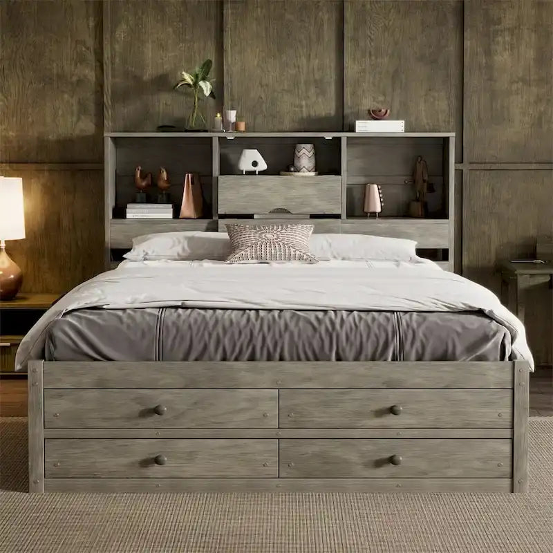 Letto Queen Size con Piattaforma e Testiera con Contenitore, e 8 Cassetti