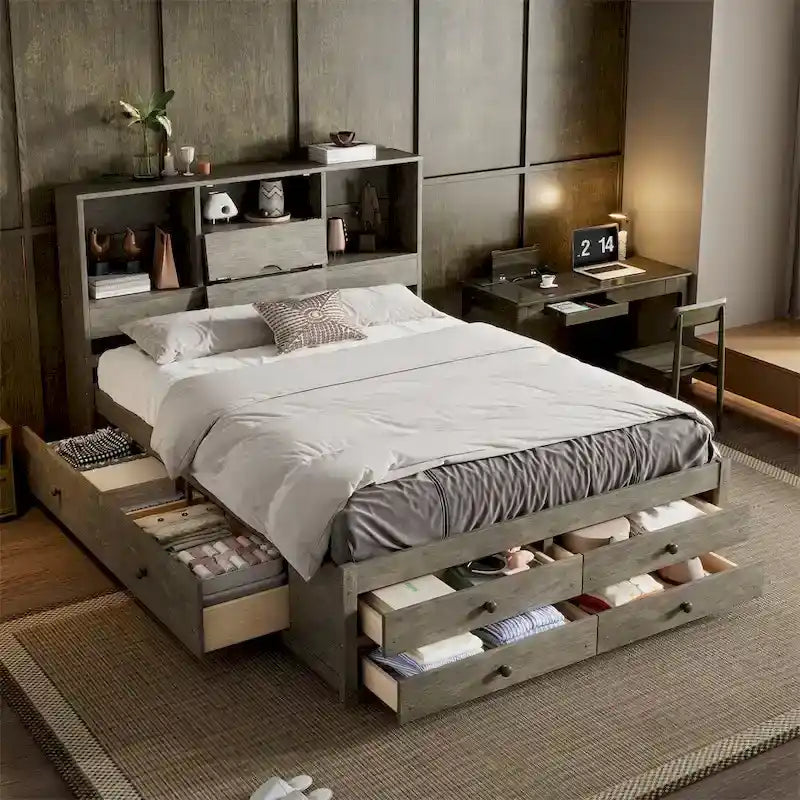 Letto Queen Size con Piattaforma e Testiera con Contenitore, e 8 Cassetti