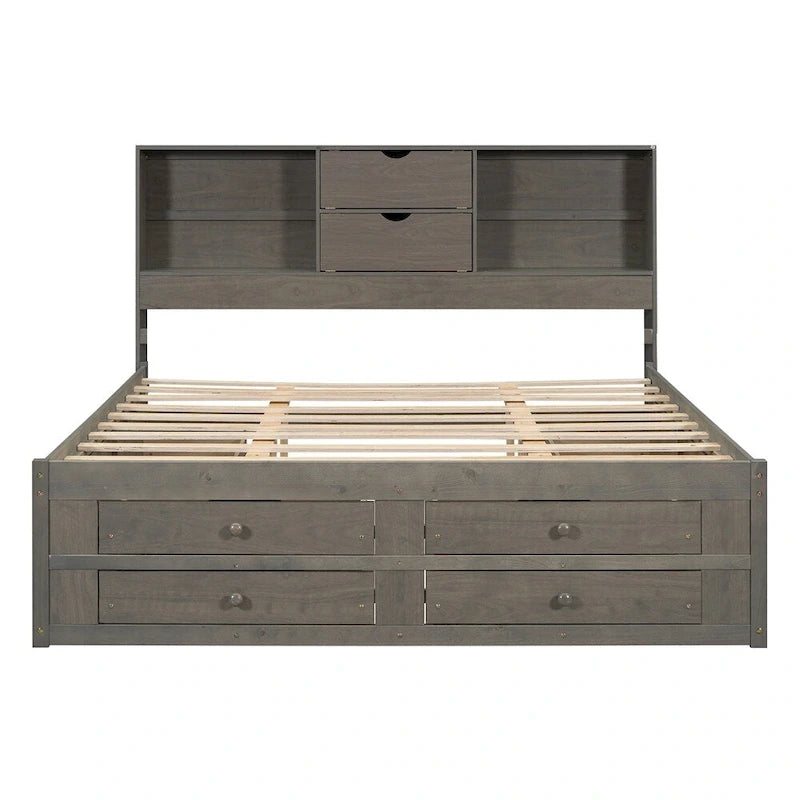 Letto Queen Size con Piattaforma e Testiera con Contenitore, e 8 Cassetti