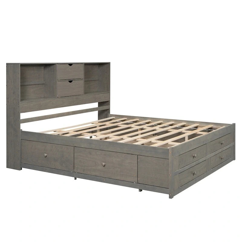 Letto Queen Size con Piattaforma e Testiera con Contenitore, e 8 Cassetti