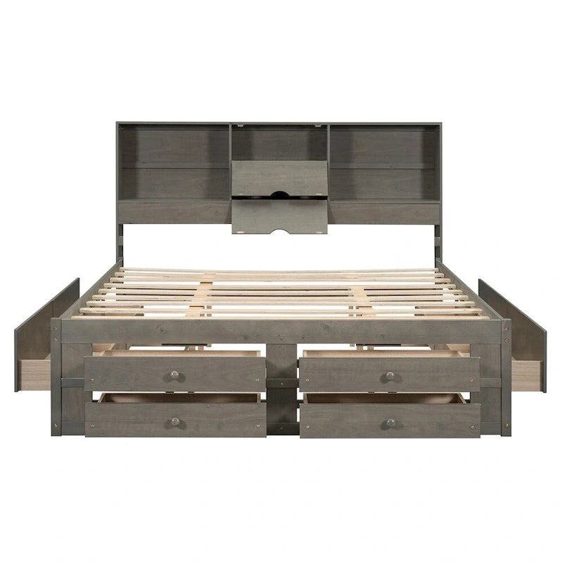 Letto Queen Size con Piattaforma e Testiera con Contenitore, e 8 Cassetti