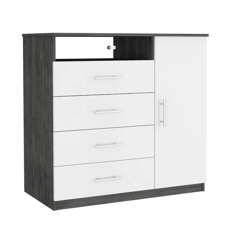 Dresser with 4 Drawers, Single Door Cabinet and Open Shelf