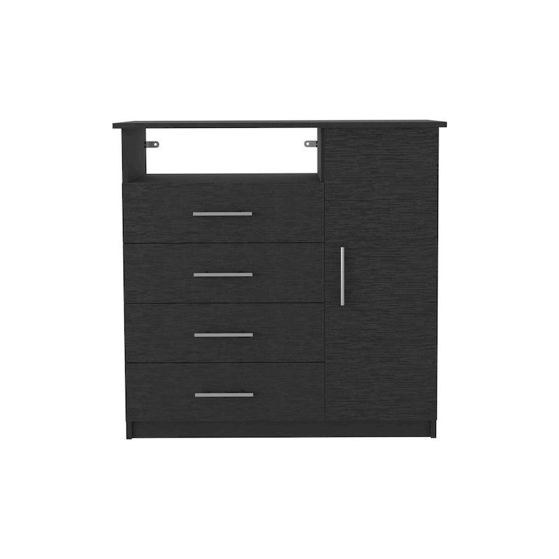 Dresser with 4 Drawers, Single Door Cabinet and Open Shelf