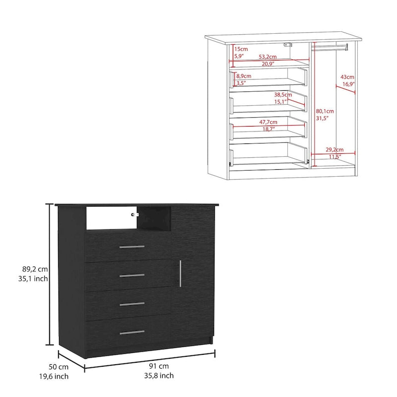 Dresser with 4 Drawers, Single Door Cabinet and Open Shelf