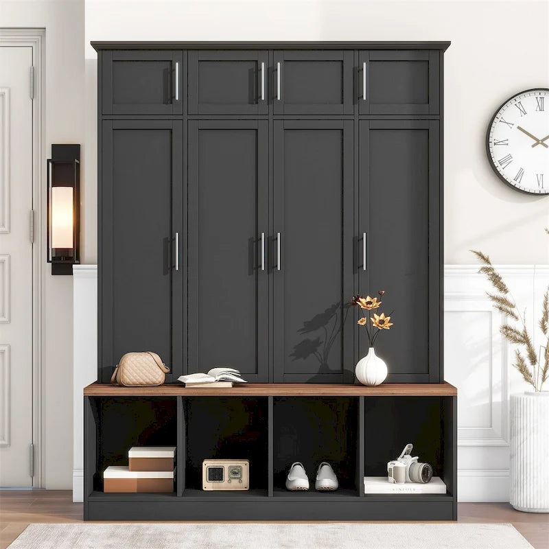 Hall Tree with Hidden Hooks and Wood Grain Bench Seat