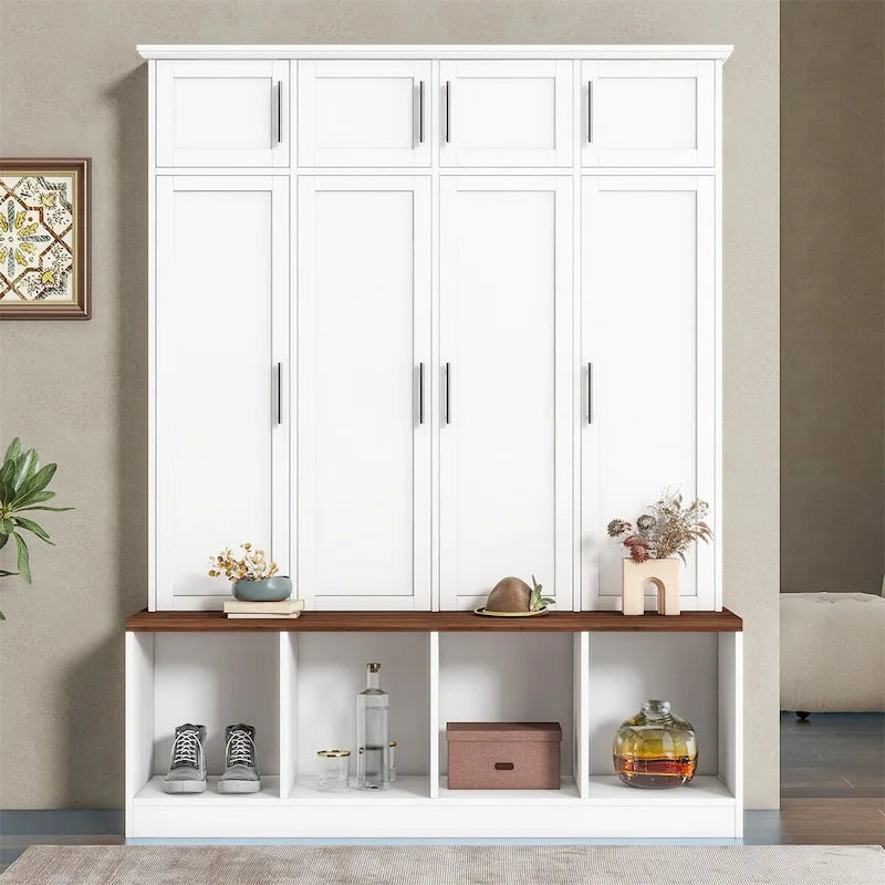 Hall Tree with Hidden Hooks and Wood Grain Bench Seat