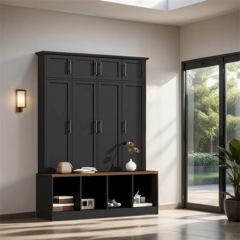 Hall Tree with Hidden Hooks and Wood Grain Bench Seat