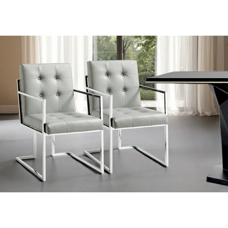 Tufted Light Grey and Silver Faux Leather Dining Arm Chairs Set of 2