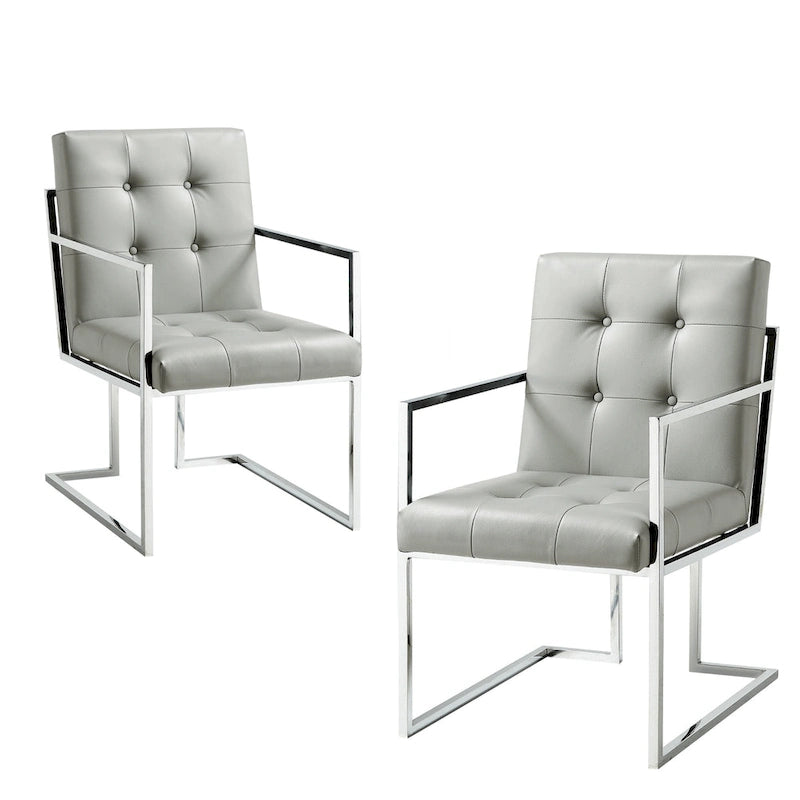 Tufted Light Grey and Silver Faux Leather Dining Arm Chairs Set of 2