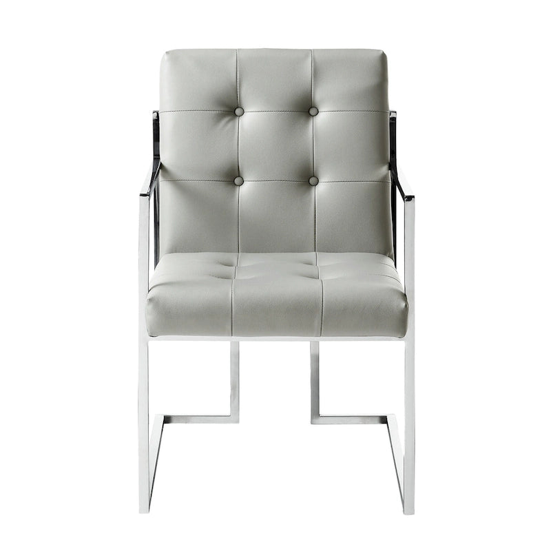 Tufted Light Grey and Silver Faux Leather Dining Arm Chairs Set of 2