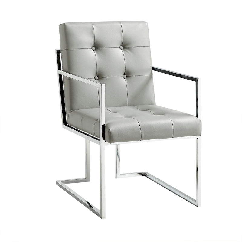Tufted Light Grey and Silver Faux Leather Dining Arm Chairs Set of 2