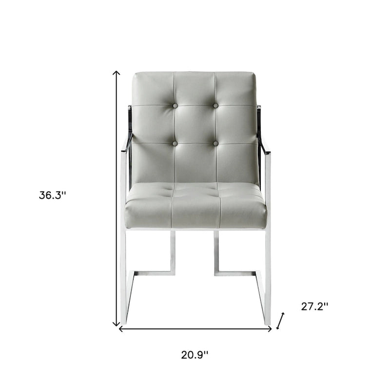 Tufted Light Grey and Silver Faux Leather Dining Arm Chairs Set of 2