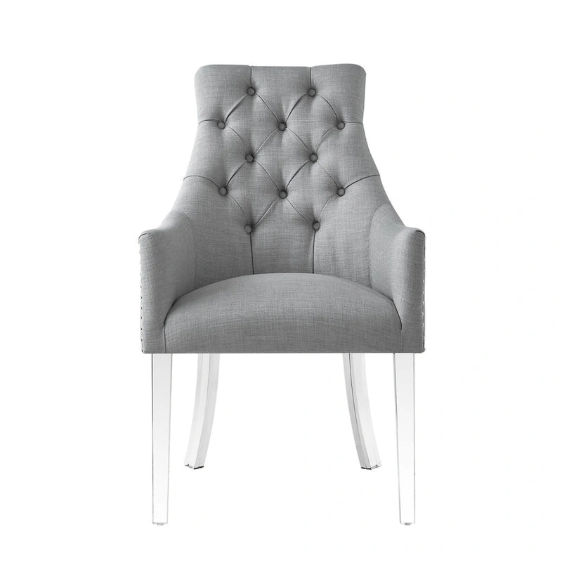 Tufted Light Grey Linen Dining Arm Chair